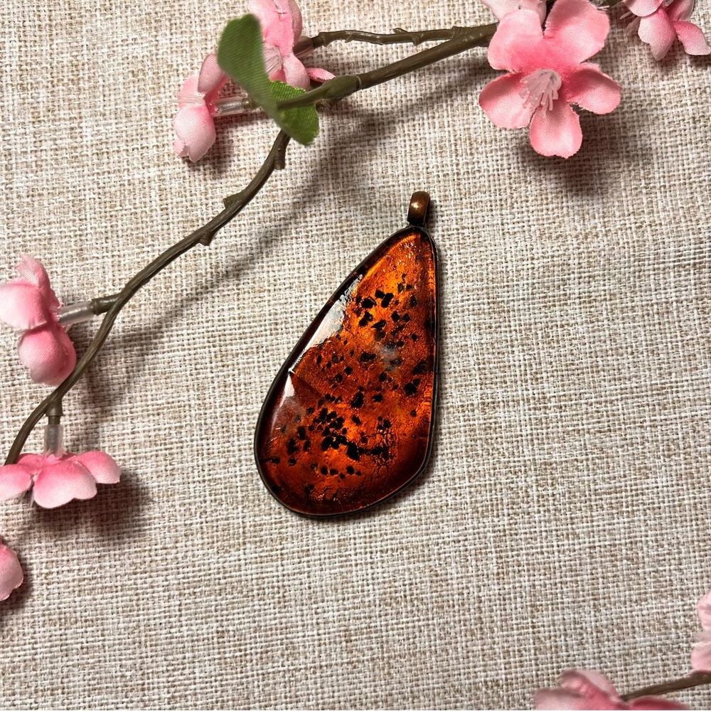VINTAGE Chunky Amber Red Resin-like Bohemian Stone Necklace Pendant